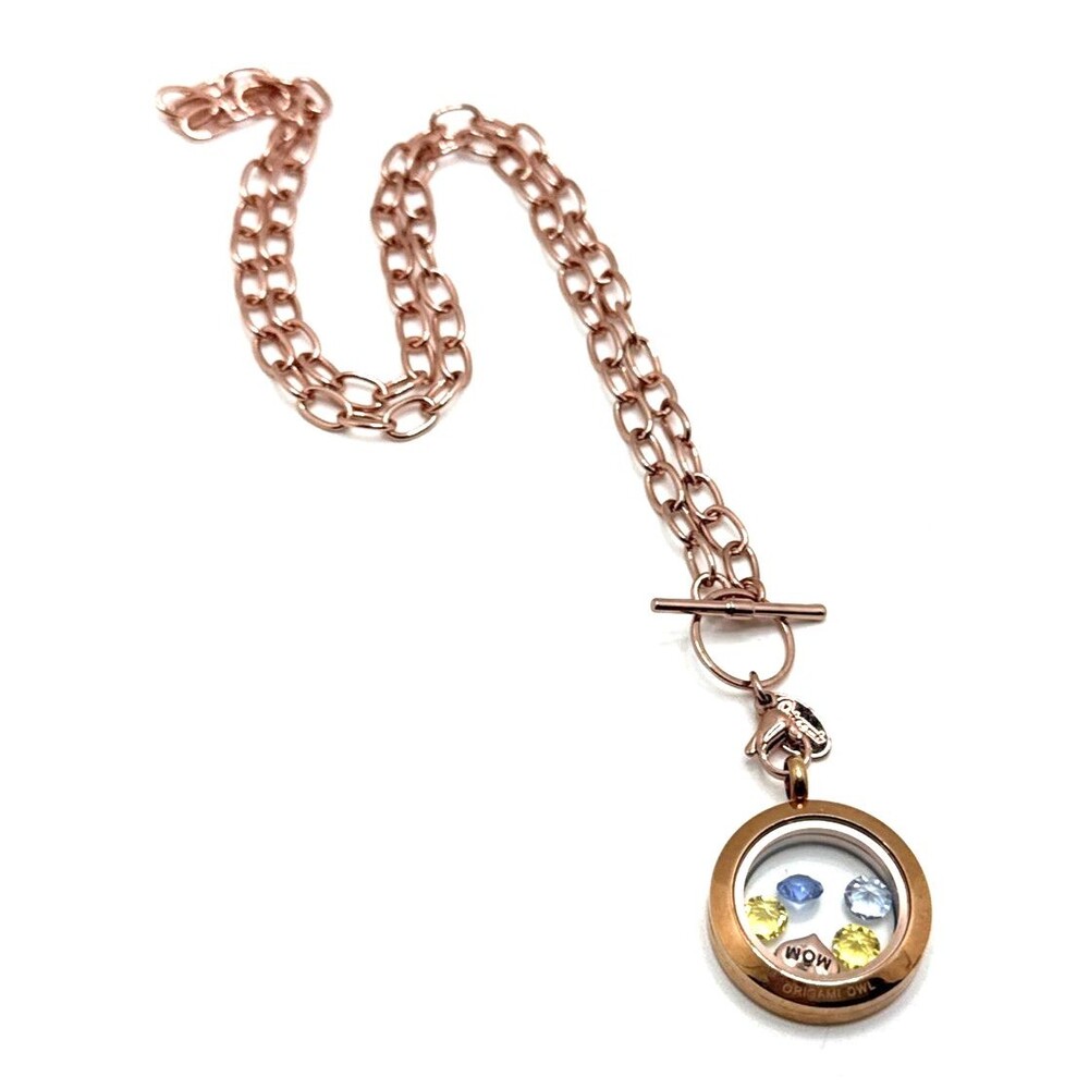 Origami Owl Charm Locket Necklace 20" MOM Heart & Crystals Rose Gold Tone
